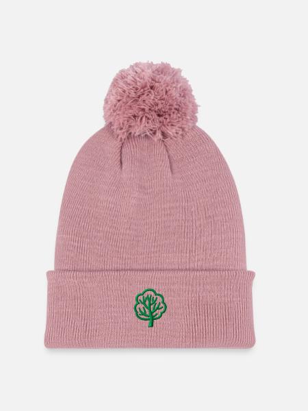 Baum bestickt - Strickmütze mit Bommel - Altrosa
