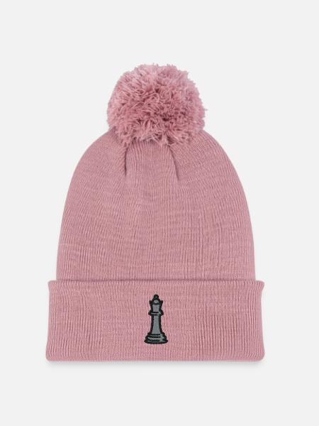 Schachfigur bestickt - Strickmütze mit Bommel - Altrosa
