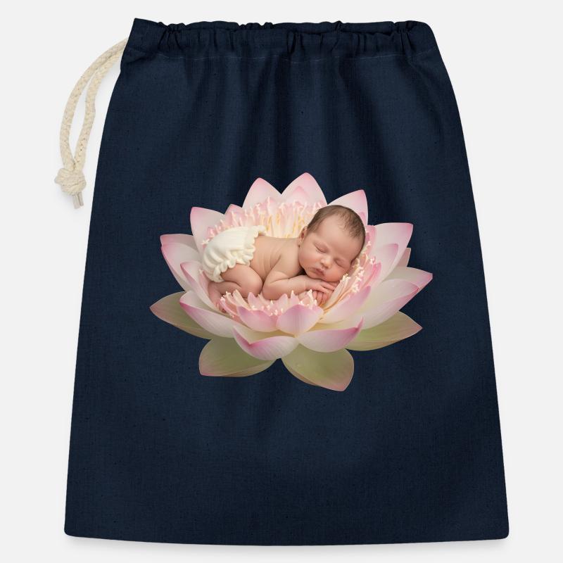 Bébé bébé avec une couche dormant sur une fleur de lotus ouverte - Sac cadeau 40 x 50 cm - marine