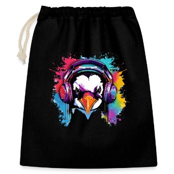 Pinguin mit Kopfhörer Pinguine Tiere Zootiere - Geschenkbeutel aus Baumwolle (40 x 50 cm) - Schwarz - Vorne