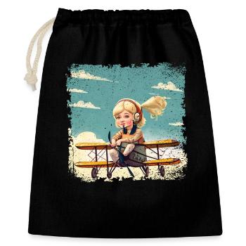 Fille assise sur un biplan | Fantaisie - Sac cadeau 40 x 50 cm - noir - Devant