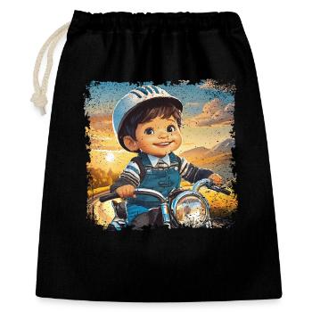 Kleiner Junge auf altem Motorrad - Geschenkbeutel aus Baumwolle (40 x 50 cm) - Schwarz - Vorne
