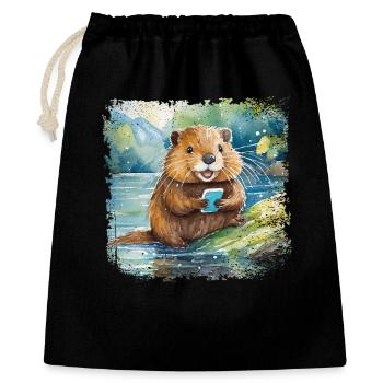 Mignon jeune castor avec téléphone portable - Sac cadeau 40 x 50 cm - noir - Devant