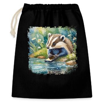 Mignon jeune blaireau avec téléphone portable, style de livre pour enfants - Sac cadeau 40 x 50 cm - noir - Devant