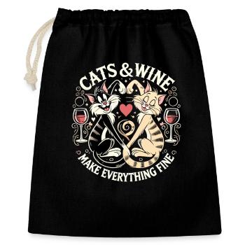 Katzen und Wein machen alles fein witzig Geschenk - Geschenkbeutel aus Baumwolle (40 x 50 cm) - Schwarz - Vorne