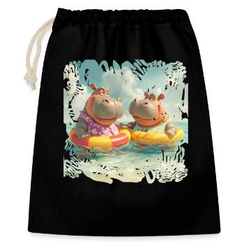 Südsee-Hippos im Schwimmreifen - Geschenkbeutel aus Baumwolle (40 x 50 cm) - Schwarz - Vorne