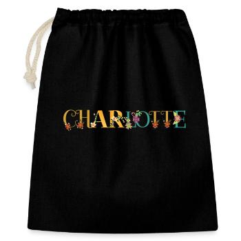 CHARLOTTE Namenskunst mit gestickten Blumen - Geschenkbeutel aus Baumwolle (40 x 50 cm) - Schwarz - Vorne