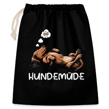 Hundemüde Langhaardackel Dackel Dackelhalter  - Geschenkbeutel aus Baumwolle (40 x 50 cm) - Schwarz - Vorne