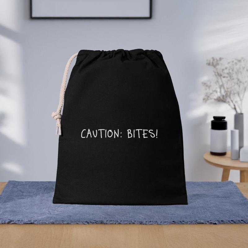 Caution: Bites! – Minimalistisches Statement Geschenkbeutel aus Baumwolle (40 x 50 cm)