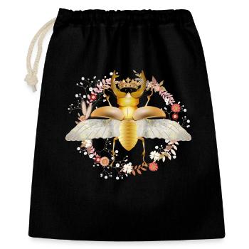 goldfarbener Hirschkäfer mit Krone und Blüten - Geschenkbeutel aus Baumwolle (40 x 50 cm) - Schwarz - Vorne