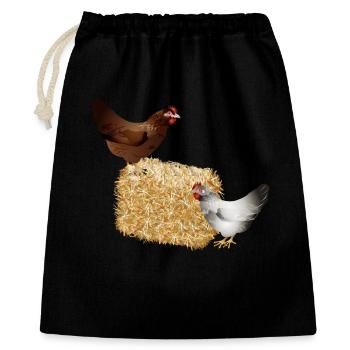 zwei Hühner auf einen Strohballen - Geschenkbeutel aus Baumwolle (40 x 50 cm) - Schwarz - Vorne