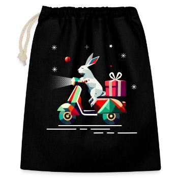 Hase auf einem Roller,mit Geschenk für Weihnachten - Geschenkbeutel aus Baumwolle (40 x 50 cm) - Schwarz - Vorne