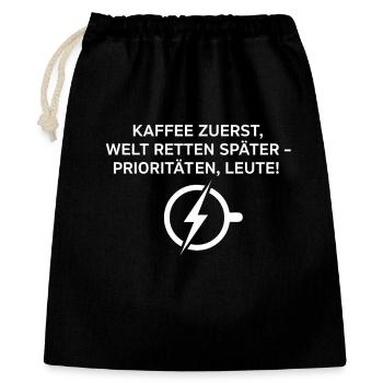 Kaffee Zuerst Spruch Blitzlogo - Geschenkbeutel aus Baumwolle (40 x 50 cm) - Schwarz - Vorne