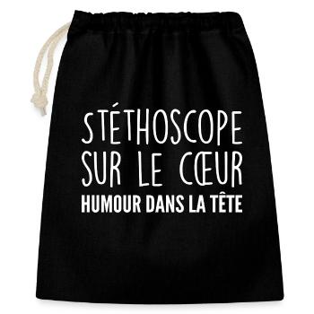 Stéthoscope au cœur, humour dans la tête - Sac cadeau 40 x 50 cm - noir - Devant