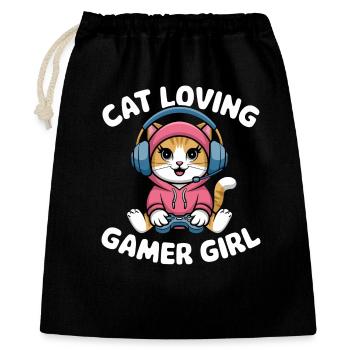 Katzenliebendes Gamer-Mädchen - Geschenkbeutel aus Baumwolle (40 x 50 cm) - Schwarz - Vorne