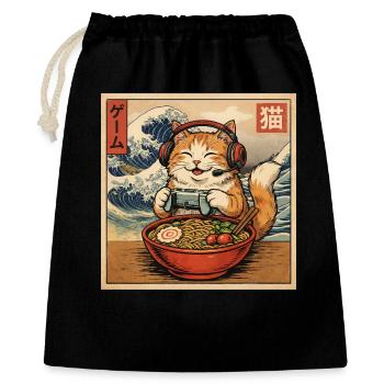 Japanische Ramen Cat Gaming Otaku Nudelschale - Geschenkbeutel aus Baumwolle (40 x 50 cm) - Schwarz - Vorne