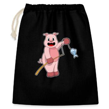 Schwein Angler Fisch Angeln - Geschenkbeutel aus Baumwolle (40 x 50 cm) - Schwarz - Vorne