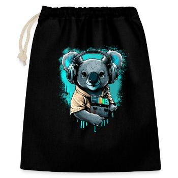 koala mit Kopfhörern und Walkman - Geschenkbeutel aus Baumwolle (40 x 50 cm) - Schwarz - Vorne