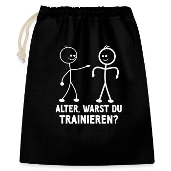 Strichmännchen WARST DU TRAINIEREN LUSTIG - Geschenkbeutel aus Baumwolle (40 x 50 cm) - Schwarz - Vorne