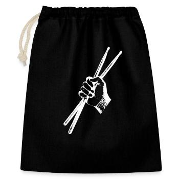 Zwei Drum Sticks Schlagzeugsticks in starker Hand - Geschenkbeutel aus Baumwolle (40 x 50 cm) - Schwarz - Vorne