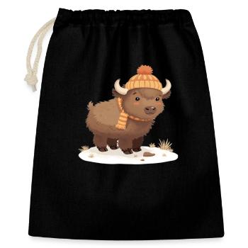 Winterbison mit Mütze - Geschenkbeutel aus Baumwolle (40 x 50 cm) - Schwarz - Vorne