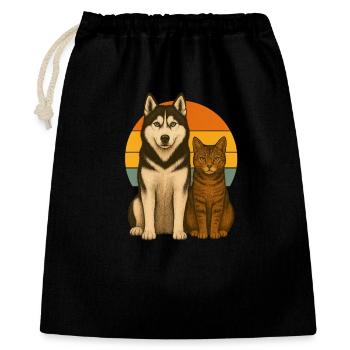 Husky und Katze - Geschenkbeutel aus Baumwolle (40 x 50 cm) - Schwarz - Vorne