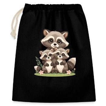 Raccoon Familien Trio Illustration - Geschenkbeutel aus Baumwolle (40 x 50 cm) - Schwarz - Vorne