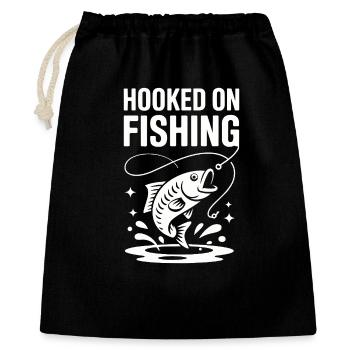 Hooked On Fishing - Angler Spruch - Geschenkbeutel aus Baumwolle (40 x 50 cm) - Schwarz - Vorne