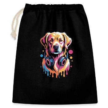 Golden Retriever mit Kopfhörer - Geschenkbeutel aus Baumwolle (40 x 50 cm) - Schwarz - Vorne