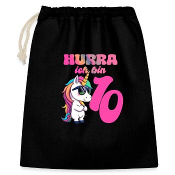 Einhorn - Hurra ich bin 10 - Geschenkbeutel aus Baumwolle (40 x 50 cm) - Schwarz - Vorne