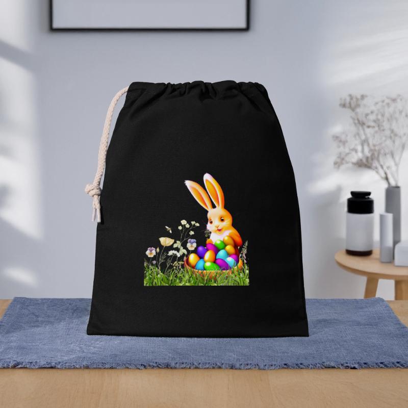 Osterhase mit bunten Eiern Geschenkbeutel aus Baumwolle (40 x 50 cm)