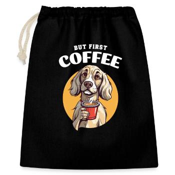 Kaffee But First Coffee Hund Tier Spruch Lustig - Geschenkbeutel aus Baumwolle (40 x 50 cm) - Schwarz - Vorne