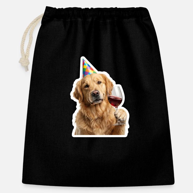 Froehlicher Golden Retriever geniesst Wein - Geschenkbeutel aus Baumwolle (40 x 50 cm) - Schwarz