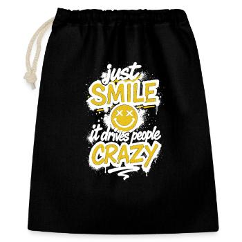 Just Smile – Crazy Graffiti Spruch - Geschenkbeutel aus Baumwolle (40 x 50 cm) - Schwarz - Vorne