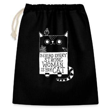 Behind every strong woman is her cat! Girlpower - Geschenkbeutel aus Baumwolle (40 x 50 cm) - Schwarz - Vorne
