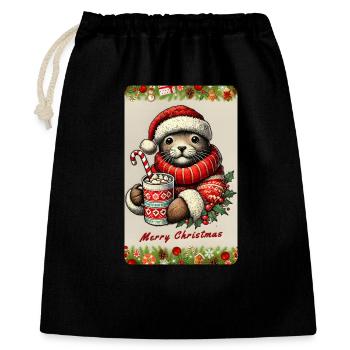 Weihnachts-Otter mit heißer Schokolade - Geschenkbeutel aus Baumwolle (40 x 50 cm) - Schwarz - Vorne