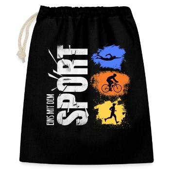 Eins mit dem Sport - Triathlon - Geschenkbeutel aus Baumwolle (40 x 50 cm) - Schwarz - Vorne