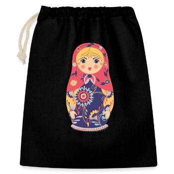 Bunte Matroschka mit Blumenmotiv - Geschenkbeutel aus Baumwolle (40 x 50 cm) - Schwarz - Vorne