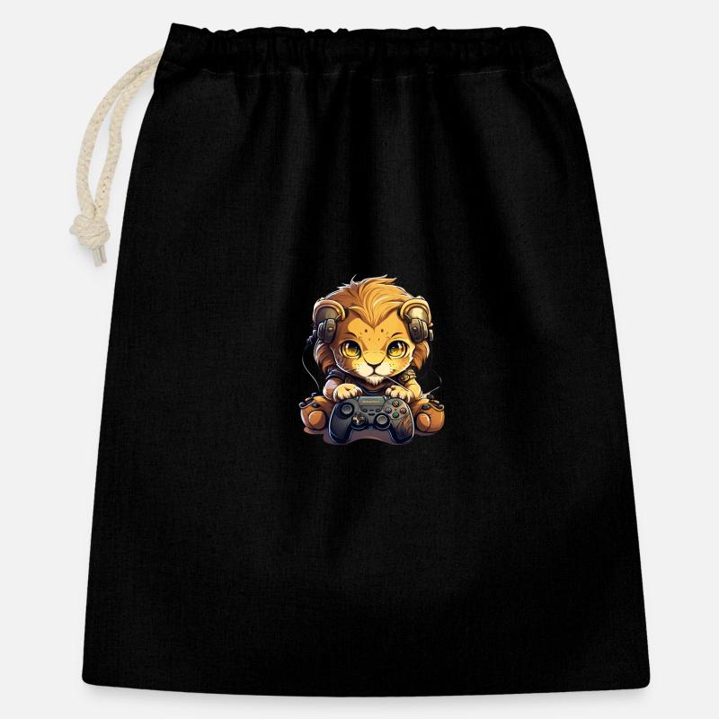 Gamer Lion mit Kopfhörern - Geschenkbeutel aus Baumwolle (40 x 50 cm) - Schwarz