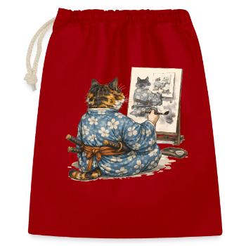Samurai Cat Painting Sumi-e Ukiyo-e Art - Gift Bag 40 x 50 cm - red - Front