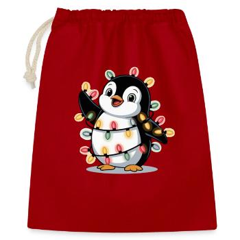 Pinguin mit Lichterkette - Geschenkbeutel aus Baumwolle (40 x 50 cm) - Rot - Vorne