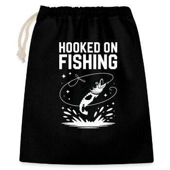 Hooked On Fishing - Angler Spruch - Geschenkbeutel aus Baumwolle (40 x 50 cm) - Schwarz - Vorne