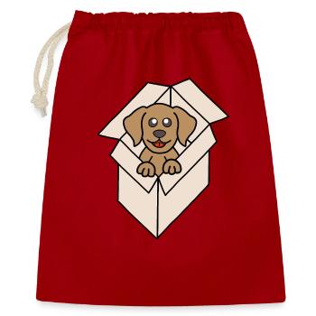 Kuschelhund im Karton - Geschenkbeutel aus Baumwolle (40 x 50 cm) - Rot - Vorne