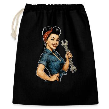 Retro Pin-up Girl: Mechanikerin mit Werkzeug - Geschenkbeutel aus Baumwolle (40 x 50 cm) - Schwarz - Vorne