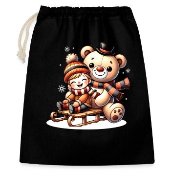 Schlittenfahrt mit Teddy – pure Winterfreude - Geschenkbeutel aus Baumwolle (40 x 50 cm) - Schwarz - Vorne
