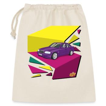 Lila Auto im Neon-Geomuster  - Geschenkbeutel aus Baumwolle (40 x 50 cm) - Natur - Vorne