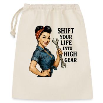 Vintage Werkstatt Pin-up: High Gear Lifestyle - Geschenkbeutel aus Baumwolle (40 x 50 cm) - Natur - Vorne