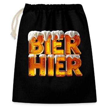 Bier? Hier! – 3D Bierglas-Buchstaben mit Schaum - Geschenkbeutel aus Baumwolle (40 x 50 cm) - Schwarz - Vorne