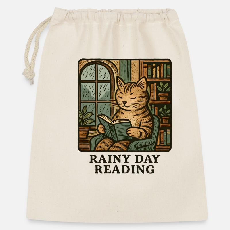 Regenkatze beim Lesen - Geschenkbeutel aus Baumwolle (40 x 50 cm) - Natur