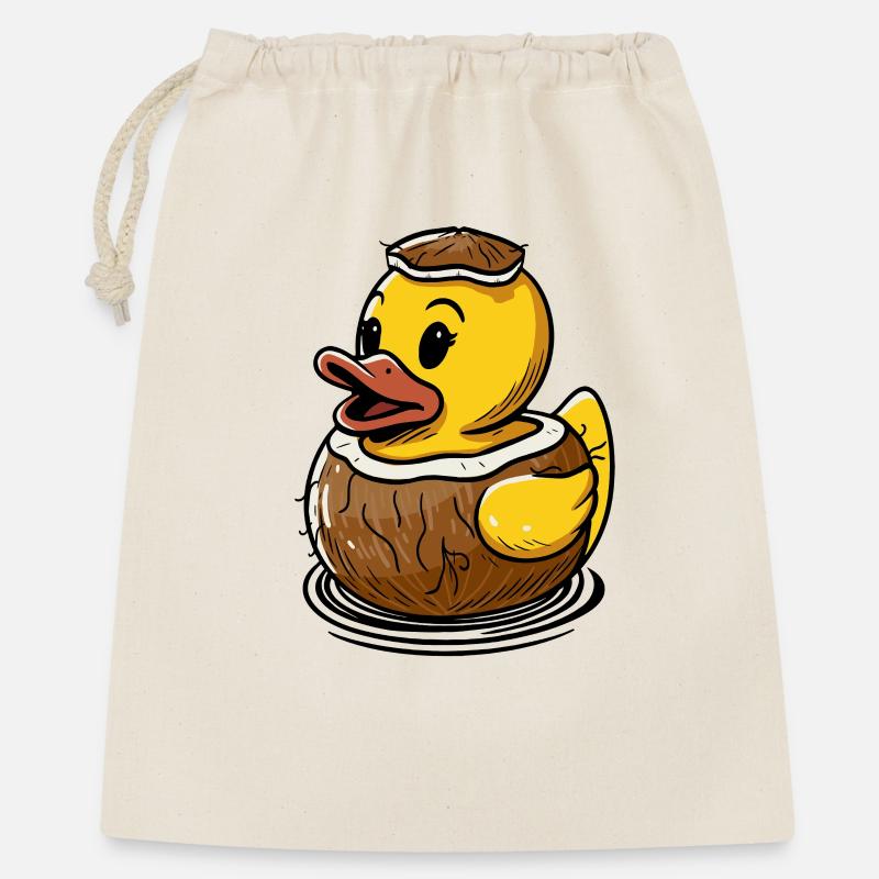 Niedliche Ente in einer Kokosnuss  - Geschenkbeutel aus Baumwolle (40 x 50 cm) - Natur